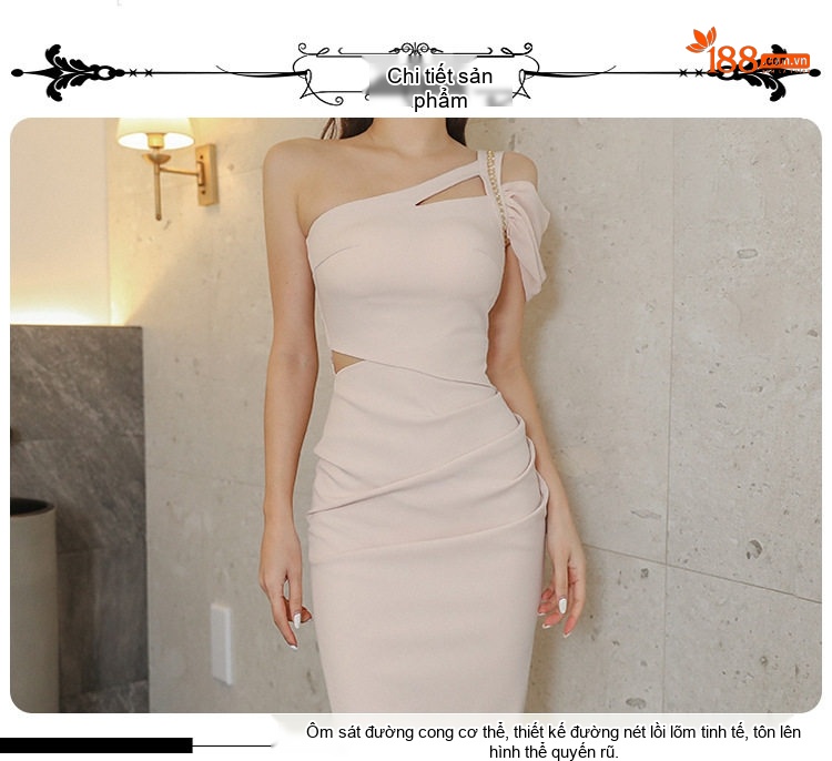 Váy Đầm Dự Tiệc Nữ Hở Vai, Xẻ Tà, Thiết Kế Nhún Eo Tôn Dáng Màu Kem chi tiết 4