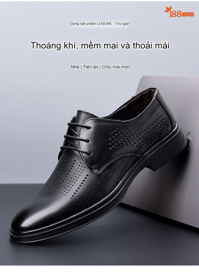 Giày Tây Buộc Dây Nam Da Thật Thoáng Khí Chiều Cao Đế Khoảng 3cm Màu Đen chi tiết 1