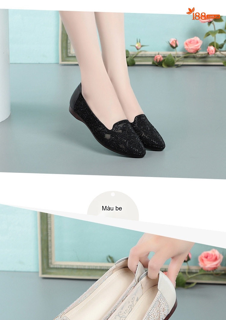 Giày Búp Bê Lưới Mềm Thoáng Khí Đế Bằng Chống Trượt Chiều Cao Đế Khoảng 2cm Màu Kem, Đen chi tiết 7