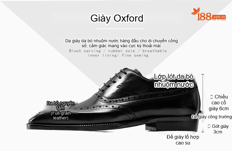 Giày Tây Buộc Dây Nam Da Bò Mũi Vuông Chiều Cao Đế Khoảng 3cm Màu Đen chi tiết 3