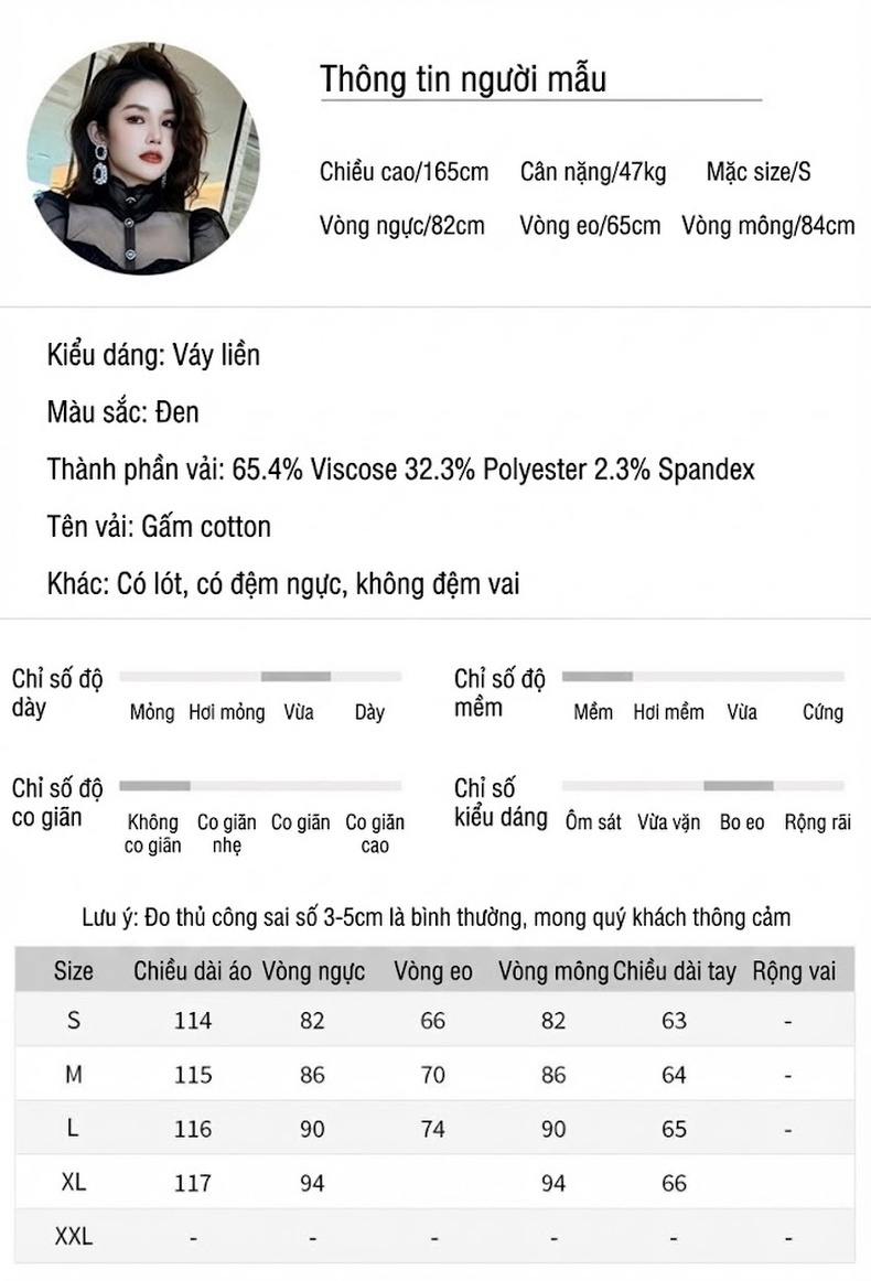 Váy Ôm Body Dài Tay Lưới Cổ Cao Tay Bồng Kiểu Quý Cô Màu Đen chi tiết 2