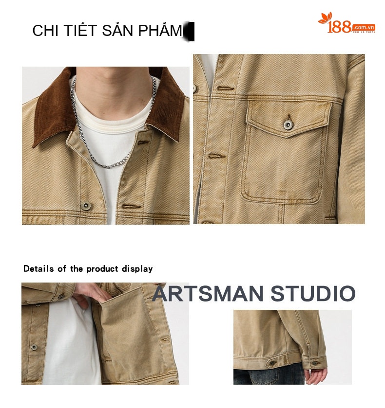 Áo Khoác Jeans Nam Cổ Bẻ Vải Canvas Form Rộng Phong Cách Mỹ Màu Be chi tiết 4