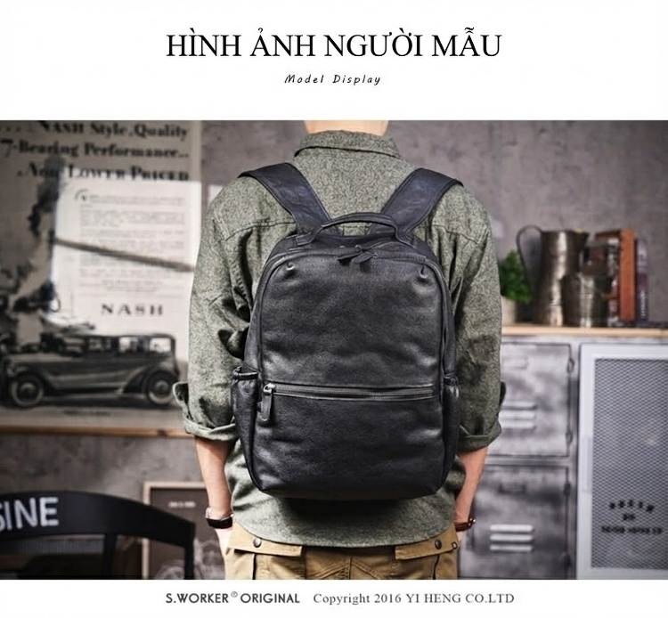 Balo Da Bò Hai Quai Nam Thủ Công Dung Tích Lớn Đựng Laptop Màu Đen chi tiết 3
