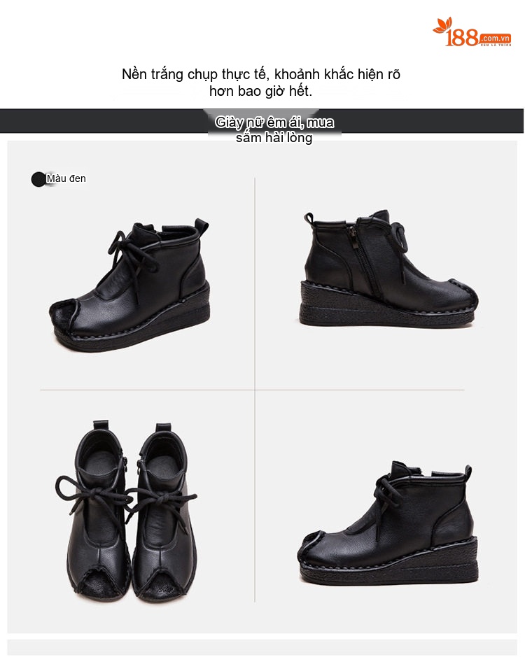 Boot Nữ Da Bò Cổ Ngắn Đế Xuồng Chiều Cao Đế Khoảng 4cm Màu Đen, Nâu chi tiết 17