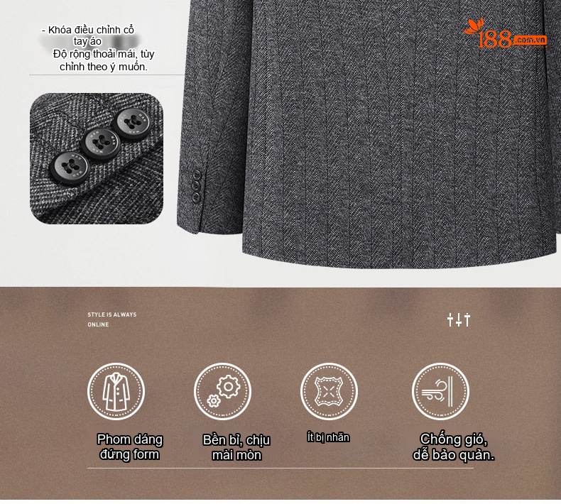 Áo Vest Nam Wool Lông Cừu Họa Tiết Xương Cá Dáng Ôm Chống Nhăn Màu Xám chi tiết 8