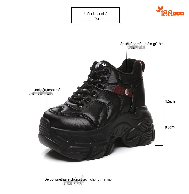 Giày Sneaker Nữ Da Bóng Đế Cao Khoảng 8.5cm Lót Lông Giữ Ấm Màu Đen, Nâu chi tiết 3