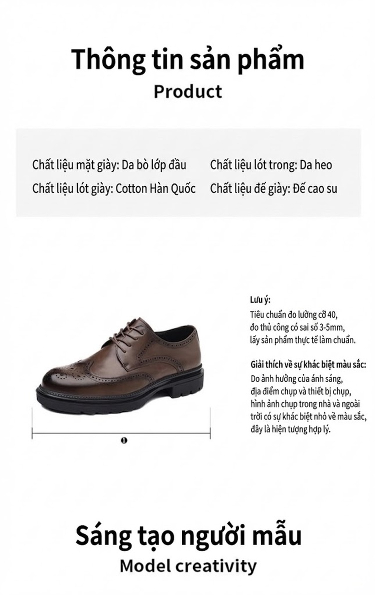Giày Tây Buộc Dây Nam Da Thật Brogue Chiều Cao Đế Khoảng 3.5cm Màu Nâu, Đen chi tiết 5