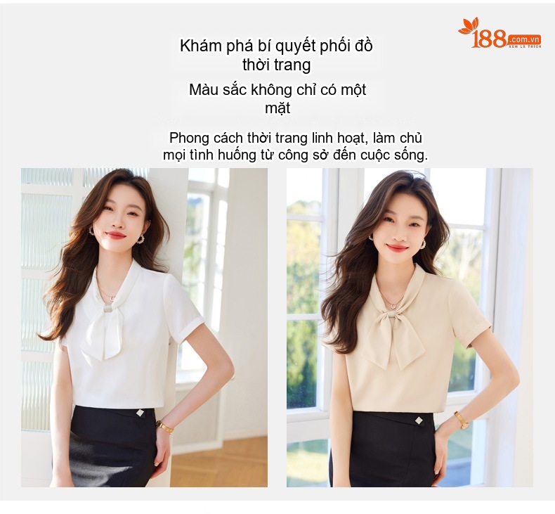Áo Sơ Mi Nữ Tay Ngắn Cổ Nơ Thiết Kế Dáng Rộng Màu Trắng, Kem chi tiết 8