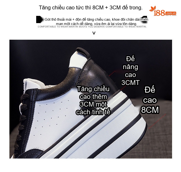Giày Thể Thao Nữ Đế Cao 8cm Giày Bánh Mì Da Bò Buộc Dây Màu Trắng, Đen chi tiết 12