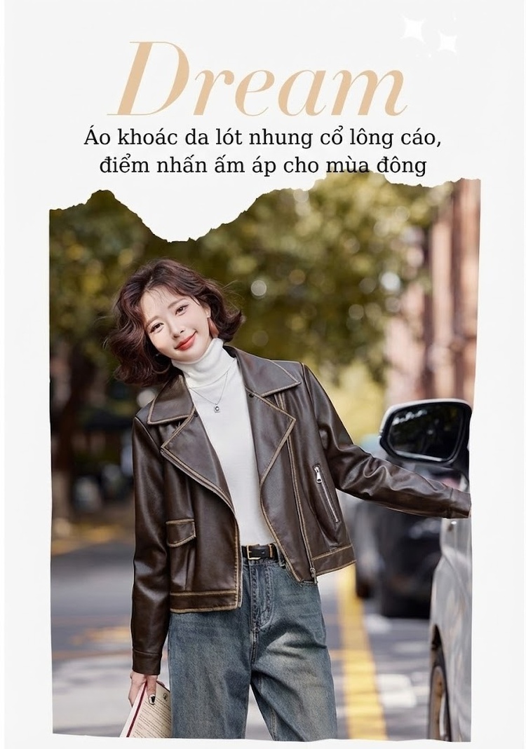 Áo Khoác Da Nữ Cổ Lông Cáo Có Thể Tháo Rời Lót Lông Dày Dặn Màu Nâu chi tiết 13