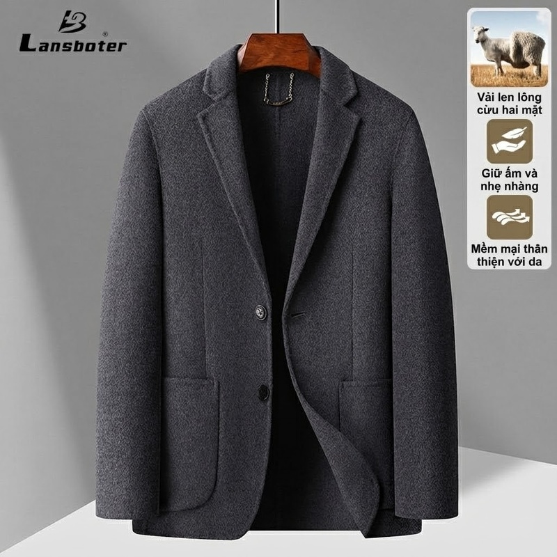 Áo Vest Nam Hai Lớp Lông Cừu Thủ Công Màu Xám, Đen