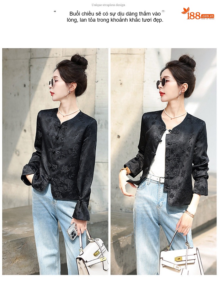 Áo Khoác Lửng Nữ Họa Tiết Jacquard Phong Cách Trung Hoa Cổ Điển Màu Đỏ, Đen chi tiết 21