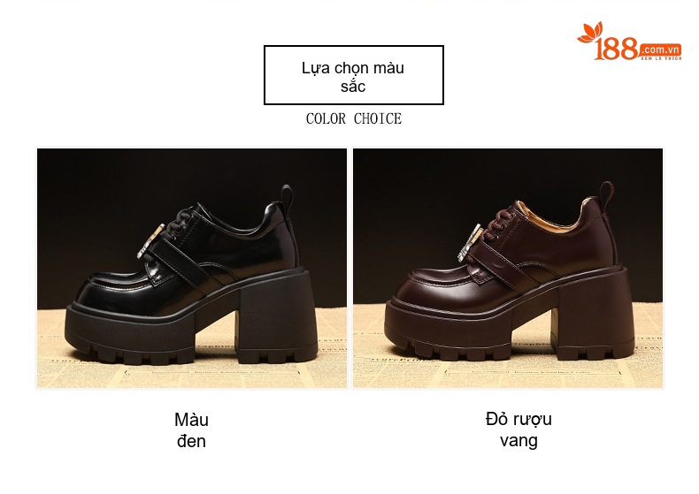 Giày Loafer Nữ Da Bóng Đế Cao Gót 8cm Màu Đen, Nâu chi tiết 2