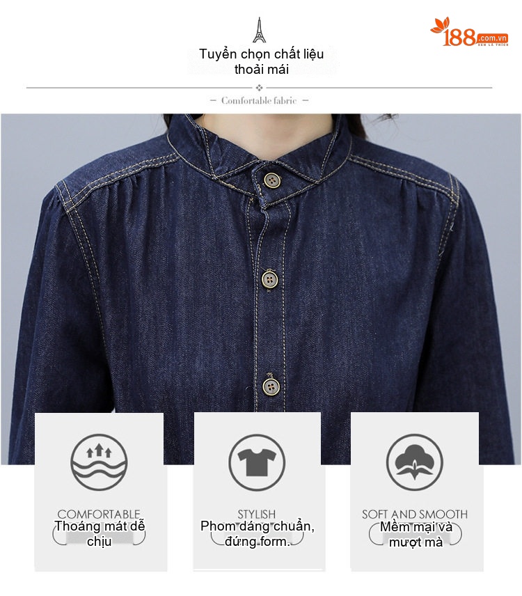 Váy Dài Tay Nữ Denim dáng chữ A Cổ Điển Thanh Lịch chi tiết 8