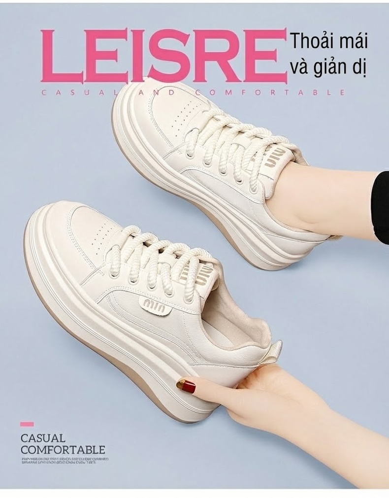 Giày Thể Thao Nữ Da Thật Kiểu Dáng Sneaker Chiều Cao Đế Khoảng 4cm Màu Trắng, Đen chi tiết 8