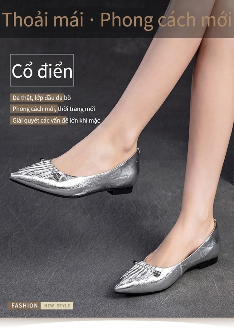 Giày Búp Bê Nữ Da Bò Mũi Nhọn Chiều Cao Đế Khoảng 1cm Phong Cách Hàn Quốc Màu Trắng, Bạc chi tiết 1