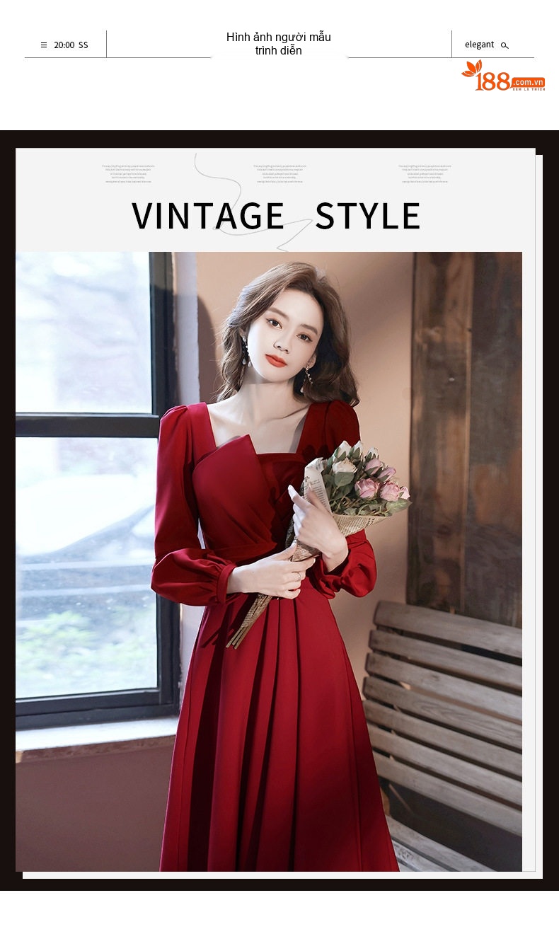 Váy Dự Tiệc dáng chữ A Tay Dài Cổ chữ Vuông Màu Đỏ Rượu Vang, Trắng chi tiết 6
