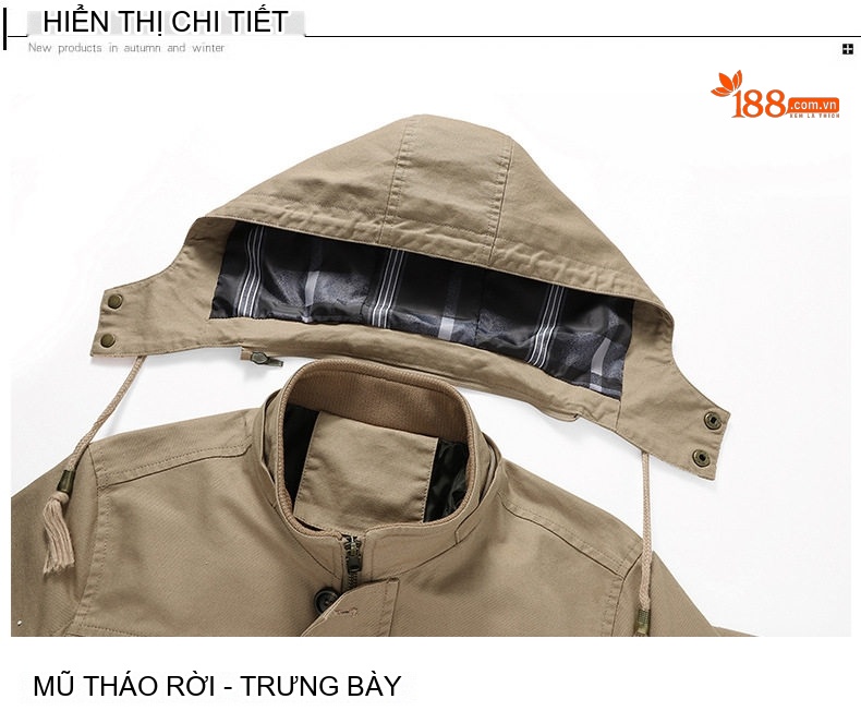 Áo Khoác Có Mũ Nam Cotton Dáng Vừa Vặn Màu Be, Đen, Xanh Rêu, Nâu chi tiết 19