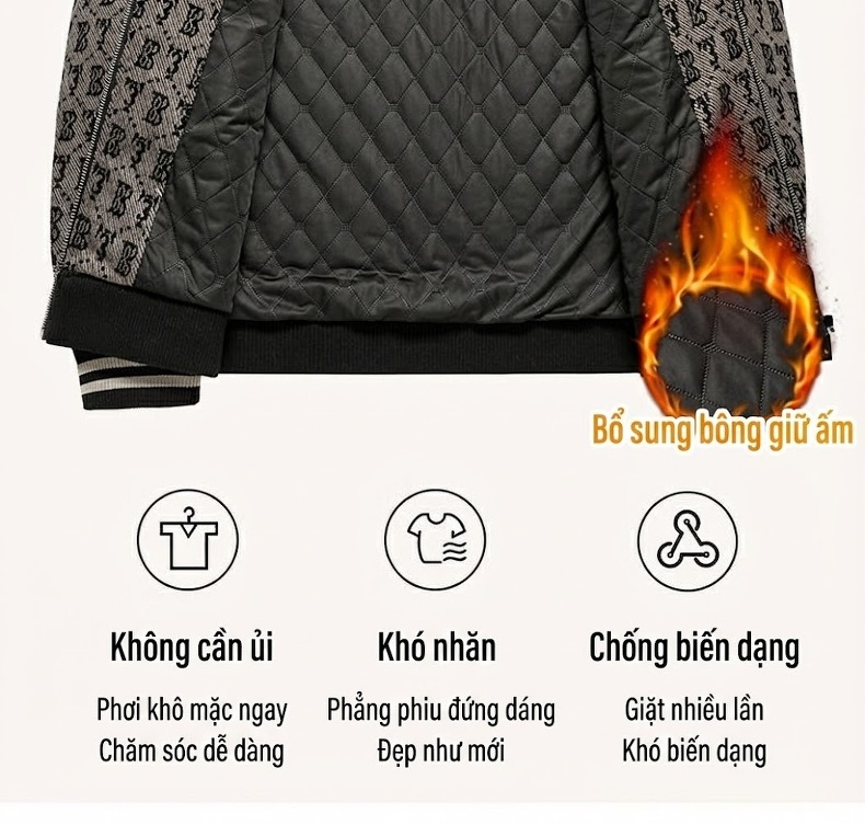 Áo Khoác Bomber Nam Chần Bông Dày Dặn Phong Cách Thời Trang Trung Niên Màu Xám, Đen chi tiết 9