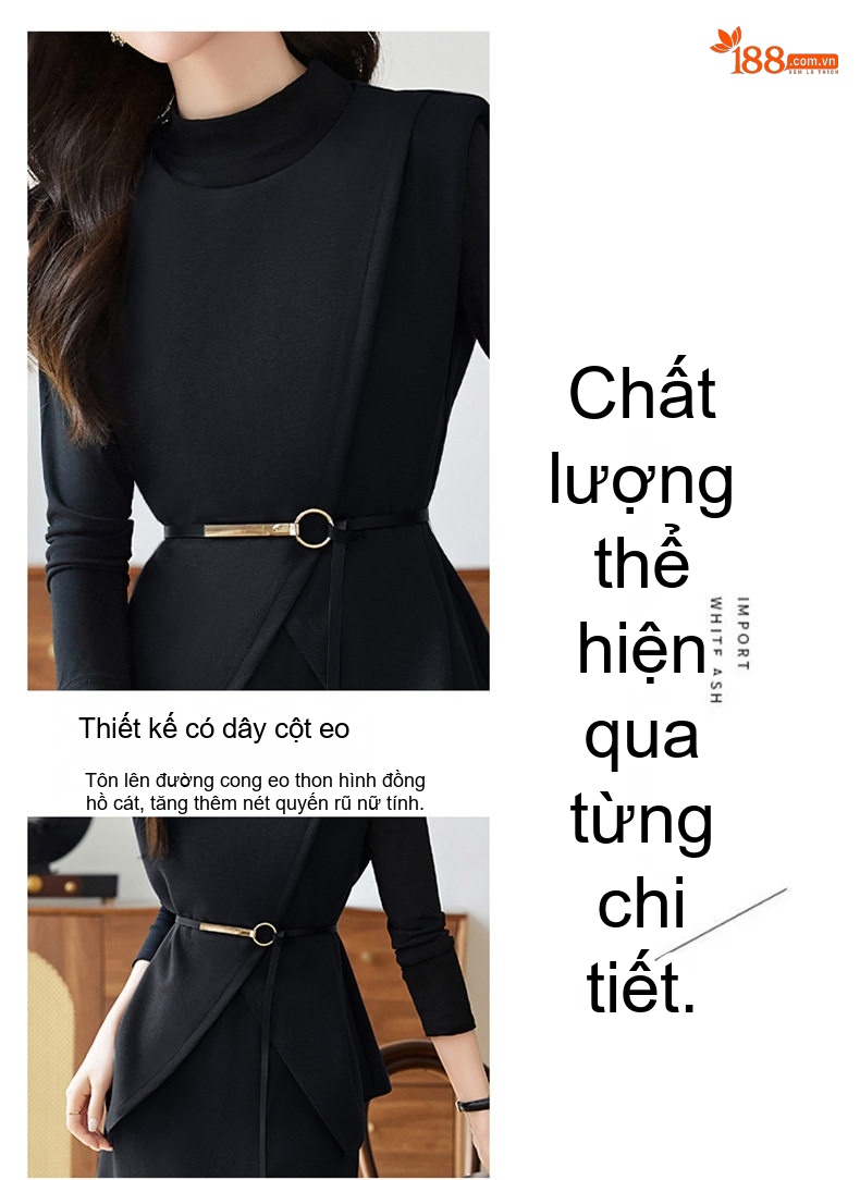 Set Bộ Công Sở Nữ Áo Thun Tay Dài, Áo Gile, Chân Váy Midi Thanh Lịch Màu Đen, Xám chi tiết 4