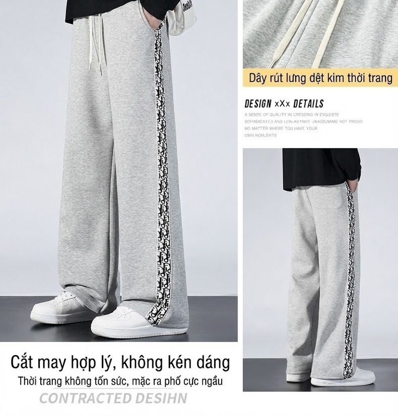 Quần Ống Rộng Nam Dáng Thể Thao Phong Cách Hip Hop, Nối Dây Đai, Ống Suông Thoải Mái chi tiết 4