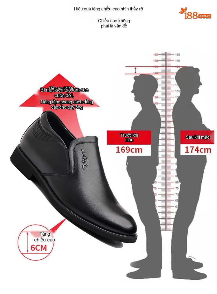Giày Lười Nam Da Bò Chiều Cao Đế Khoảng 6cm Màu Đen chi tiết 4