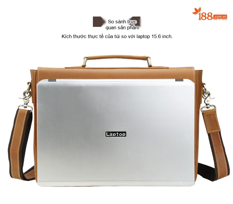Cặp Túi Xách Đựng Laptop 15.6 Inch Da Bò Sáp Đeo Vai Nam Màu Nâu chi tiết 5