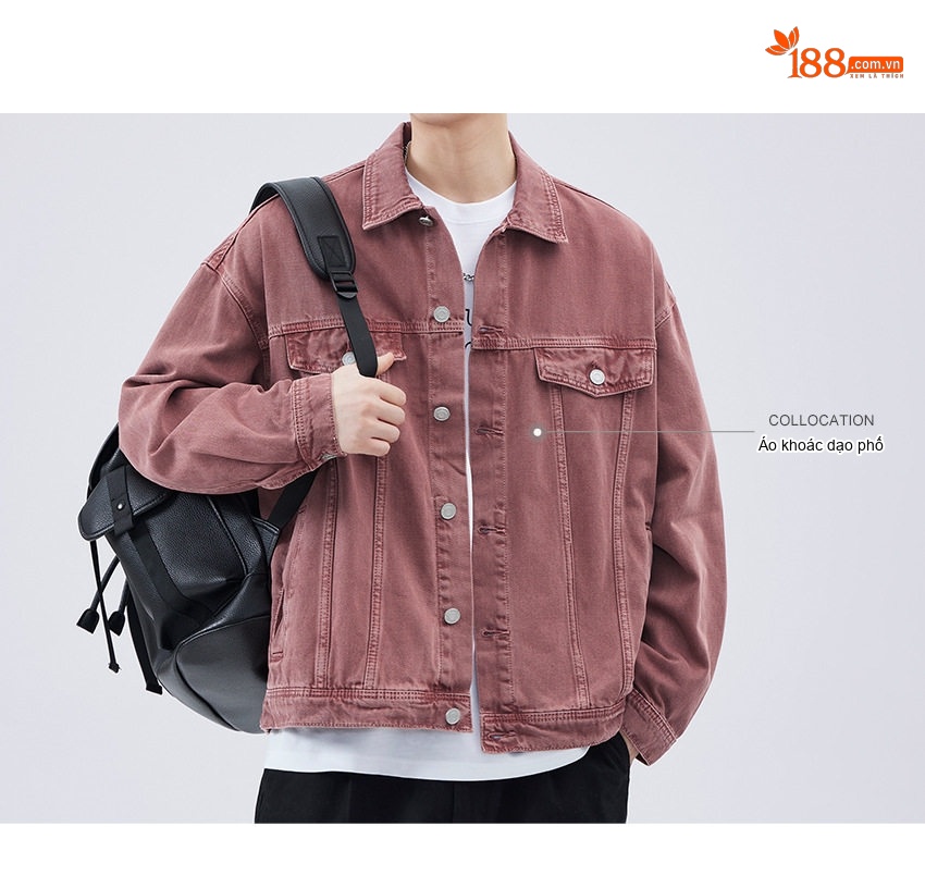 Áo Khoác Jeans Nam Dáng Rộng Phong Cách Retro Màu Hồng, Nâu, Tím, Xanh Lá chi tiết 26