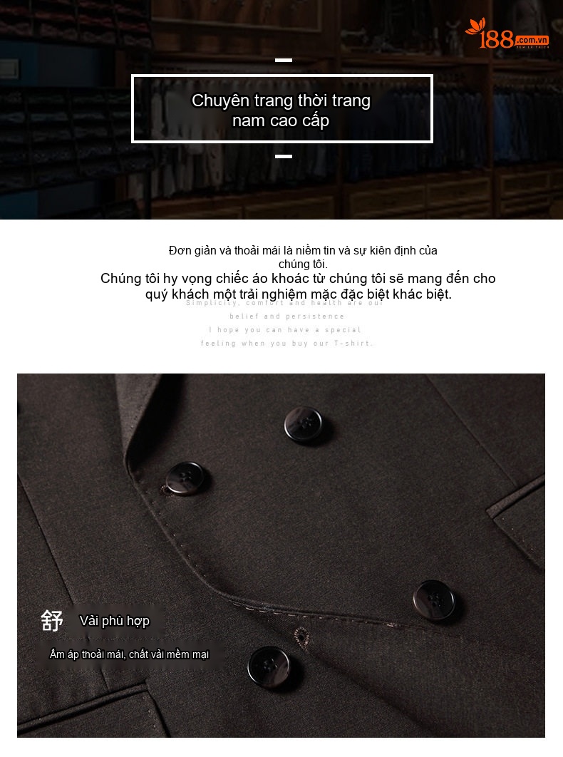 Bộ Vest Nam Cổ Điển Dáng Ôm Vừa Vặn Màu Nâu chi tiết 4