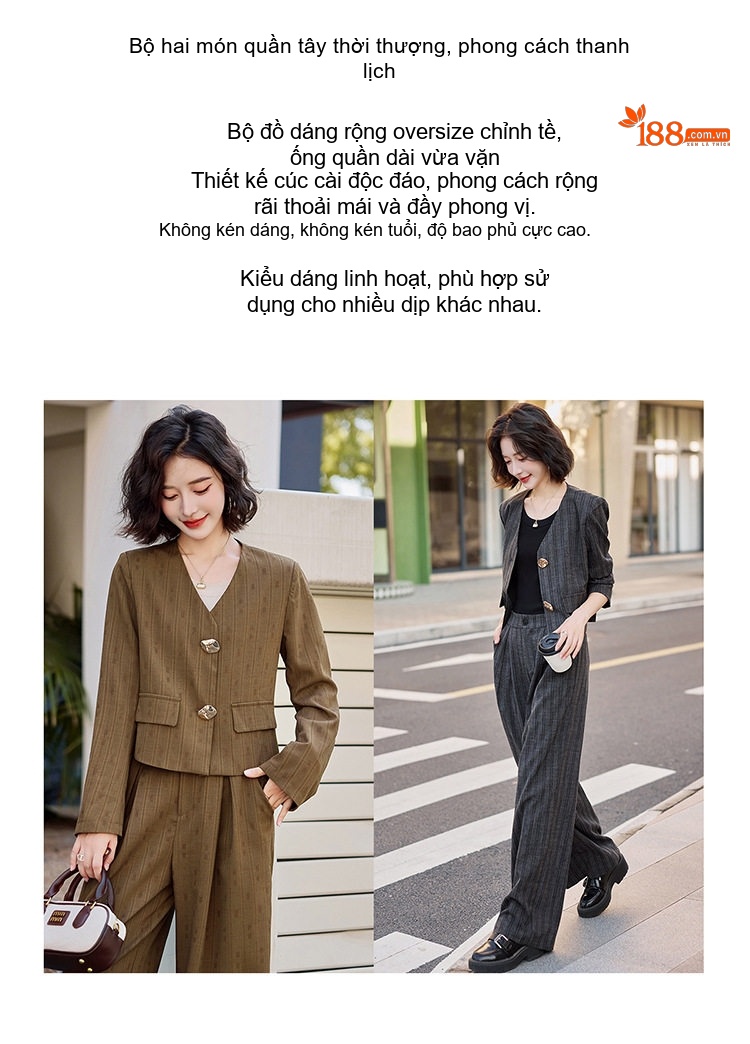 Set Bộ Tiểu Thư Áo Khoác Quần Ống Rộng Dáng Suông Kẻ Sọc Màu Xám, Nâu chi tiết 2