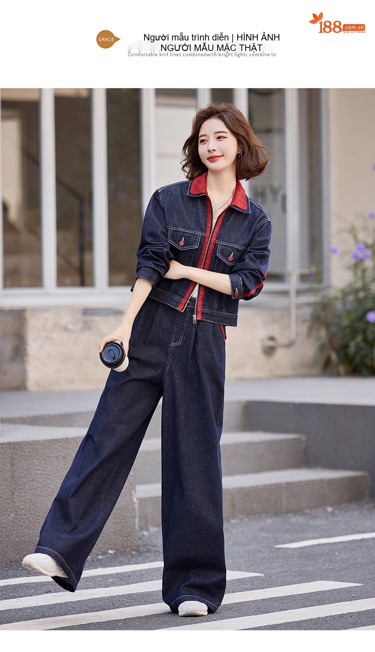 Set Áo Khoác Jean Nữ Cổ Bẻ Tay Dài Quần Ống Rộng Màu Xanh Jean chi tiết 11