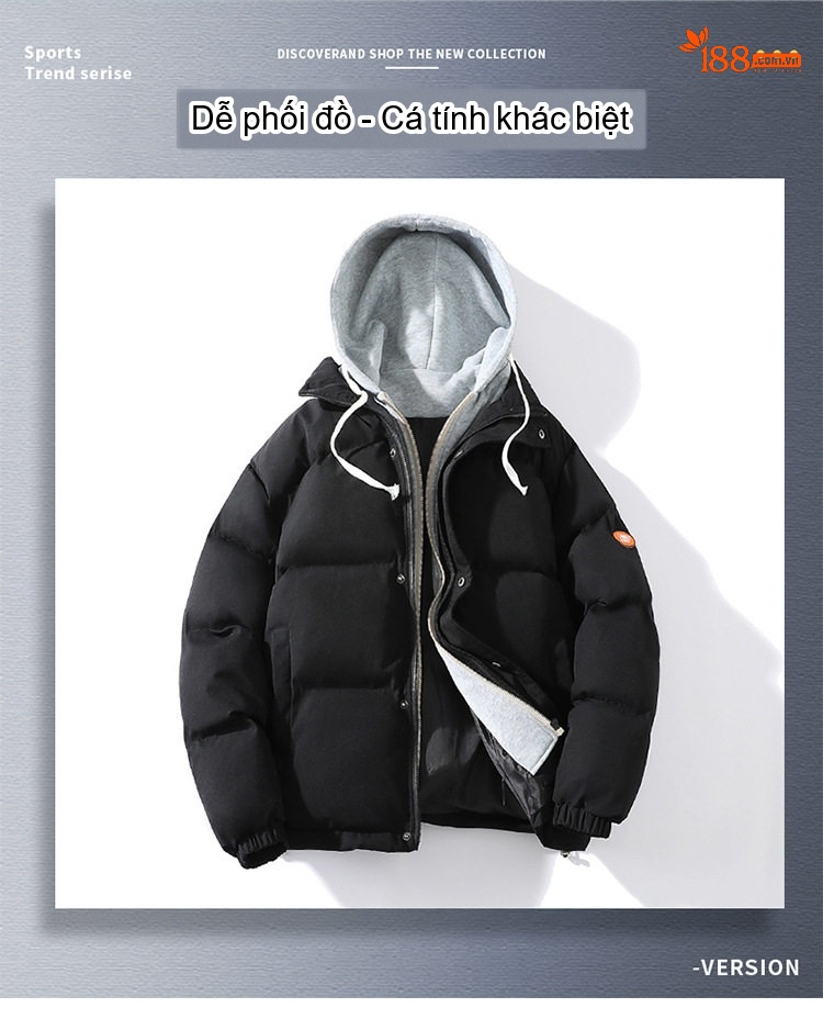 Áo Khoác Cotton Có Mũ Nam Nữ Dáng Rộng Phong Cách Hàn Quốc Giả Hai Lớp Dày Dặn Giữ Ấm Màu Đen, Xanh, Hồng, Trắng... chi tiết 2