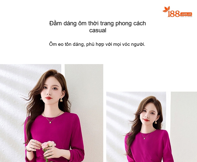 Váy Đầm Nữ Tay Dài dáng chữ A Che Bụng Tôn Dáng Thanh Lịch Màu Hồng Tím chi tiết 4