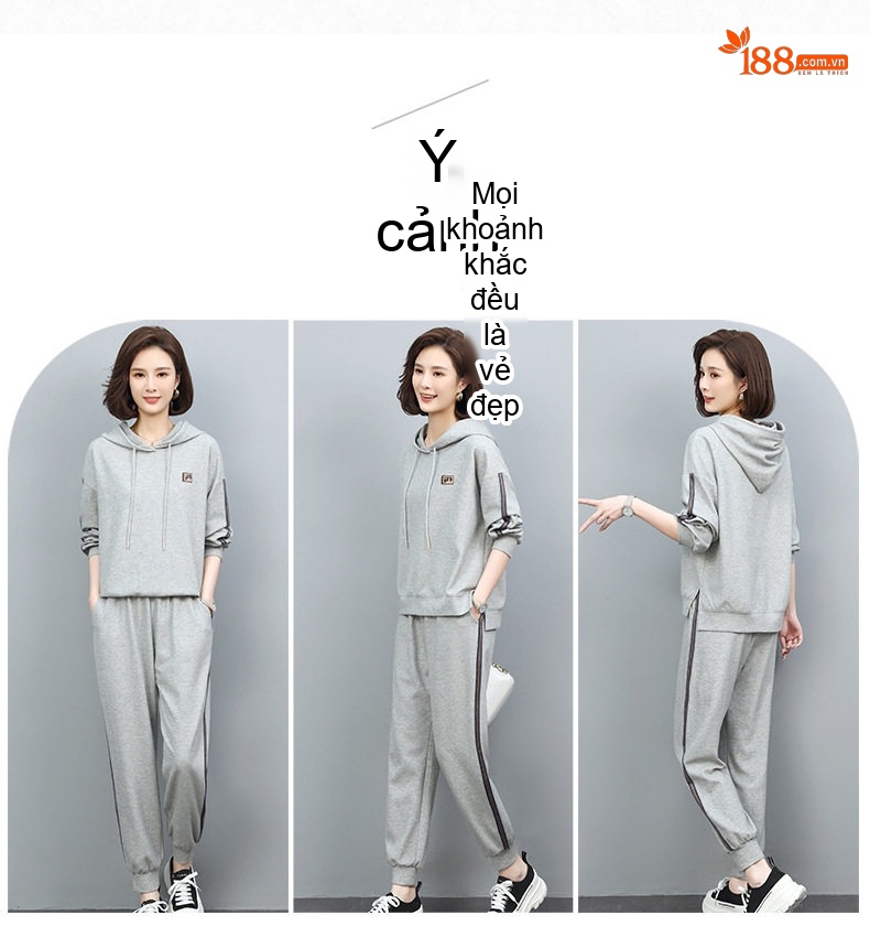 Bộ Đồ Thể Thao Nữ Dệt Kim Thu Đông Áo Hoodie Quần Dài chi tiết 3