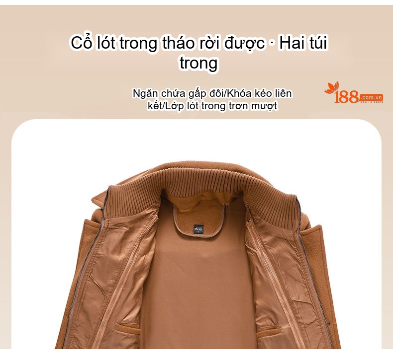 Áo Khoác Dạ Nam Lông Cừu Hai Cổ Áo Dáng Ôm Chống Lạnh Màu Đen, Nâu, Xám, Xanh Navy chi tiết 11