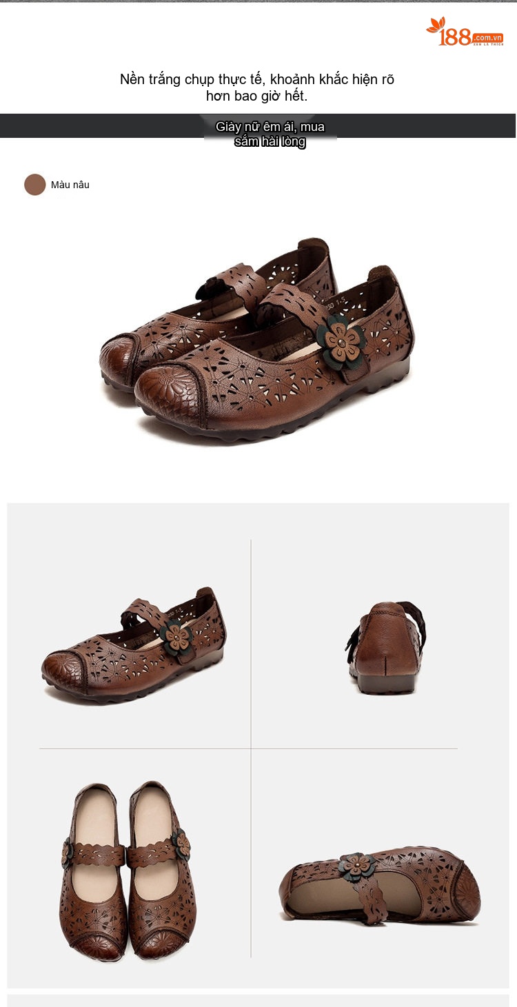 Dép Sandal Nữ Da Bò Lười Xỏ Ngón Lưới Thoáng Khí Đế Cao 3cm - 4cm Màu Nâu, Kem chi tiết 16