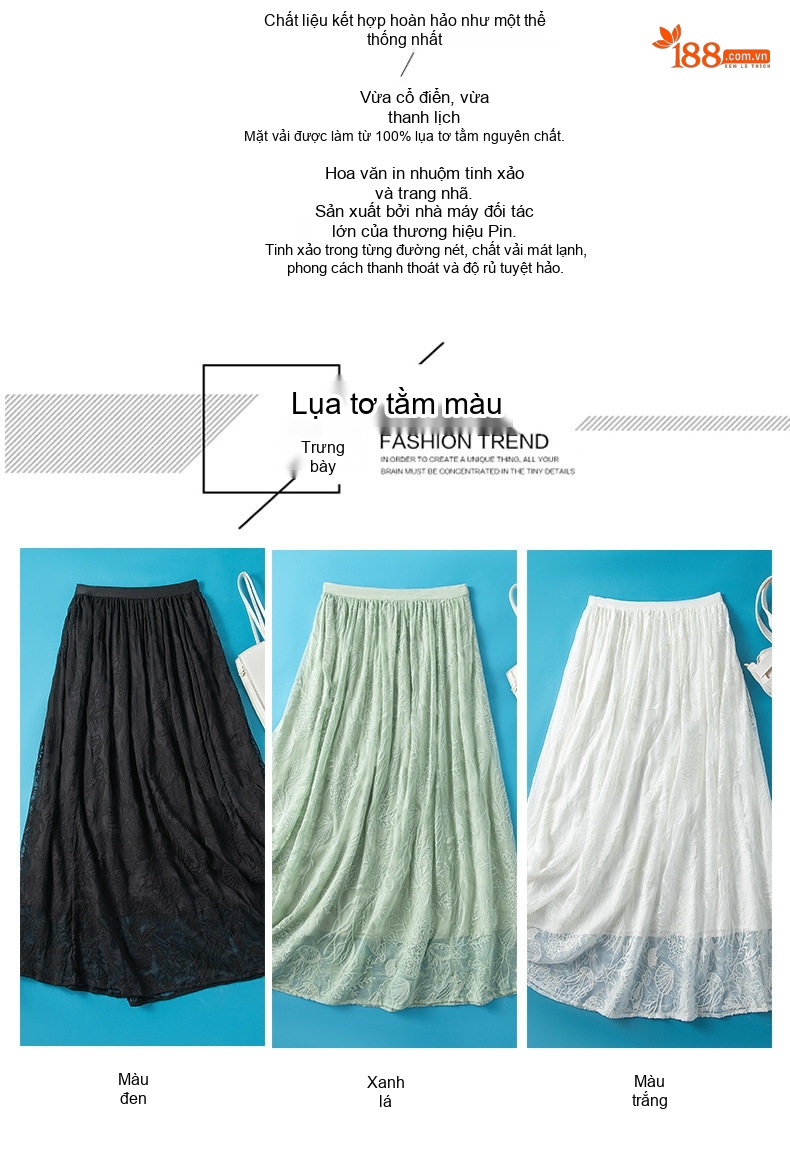 Chân Váy Dài Nữ Lưng Cao Co Giãn Chất Liệu Tơ Gân A Line Màu Xanh Lá, Trắng, Đen chi tiết 2