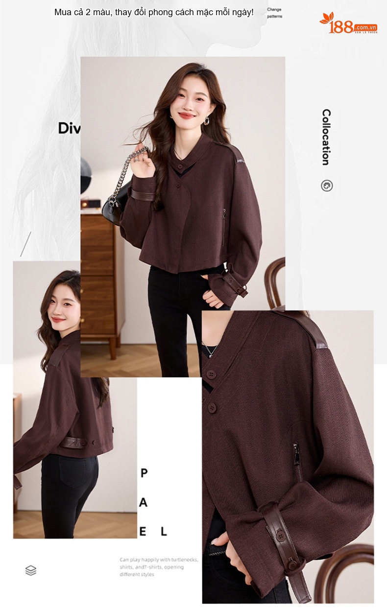 Áo Khoác Lửng Nữ Tay Dài Kiểu Croptop Vải Dệt Phong Cách Thời Trang Màu Đỏ, Đen chi tiết 8