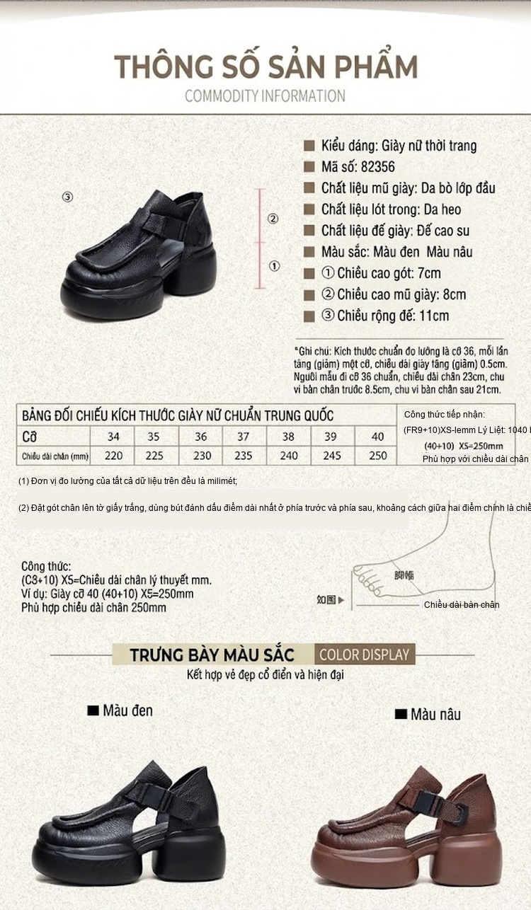 Dép Sandal Nữ Da Bò Hở Mũi Quai Dán Đế Cao 5cm - 6cm Màu Đen, Nâu chi tiết 2