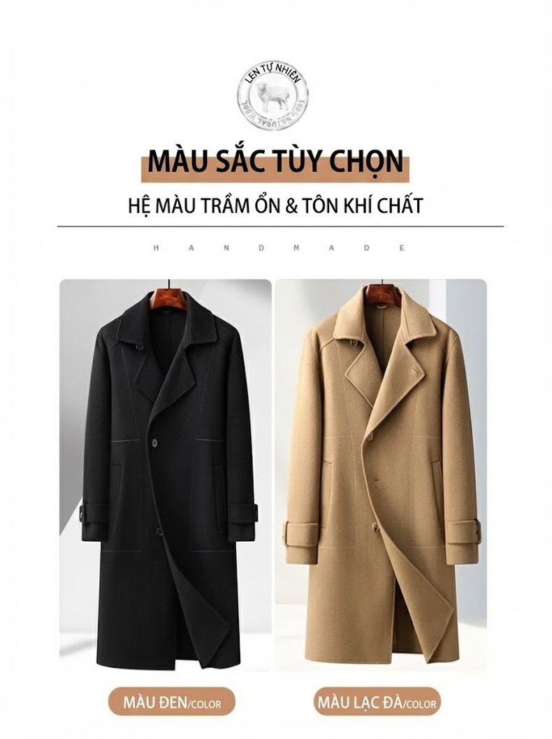 Áo Khoác Dạ Nam Dáng Dài Thắt Eo Hai Hàng Khuy Dày Dặn Phong Cách Hàn Quốc Màu Be, Đen chi tiết 13