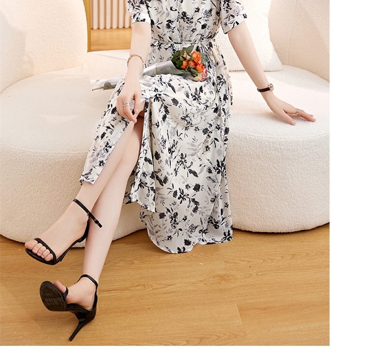 Váy Sơ Mi Nữ dáng chữ A Midi Tay Ngắn Họa Tiết Hoa Nhí Thắt Eo Thanh Lịch Màu Trắng, Vàng chi tiết 19