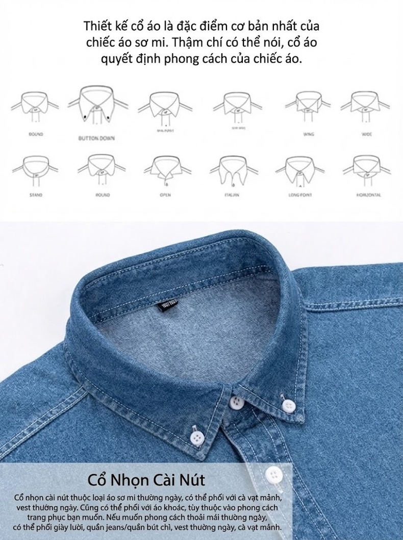 Áo Sơ Mi Tay Ngắn Cotton Denim Nam Phong Cách Hàn Quốc Màu Xanh Dương Nhạt, Xanh Dương Đậm chi tiết 3