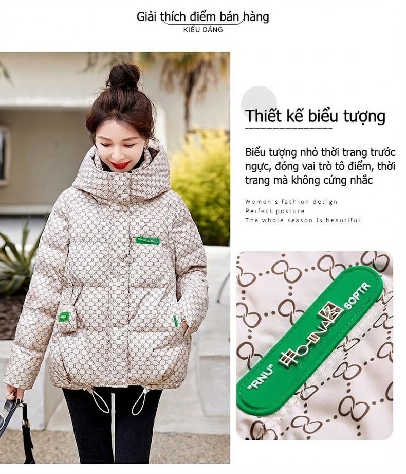 Áo Khoác Phao Nữ Cotton Kiểu Ngắn Thời Trang Màu Trắng Kem, Đen chi tiết 5