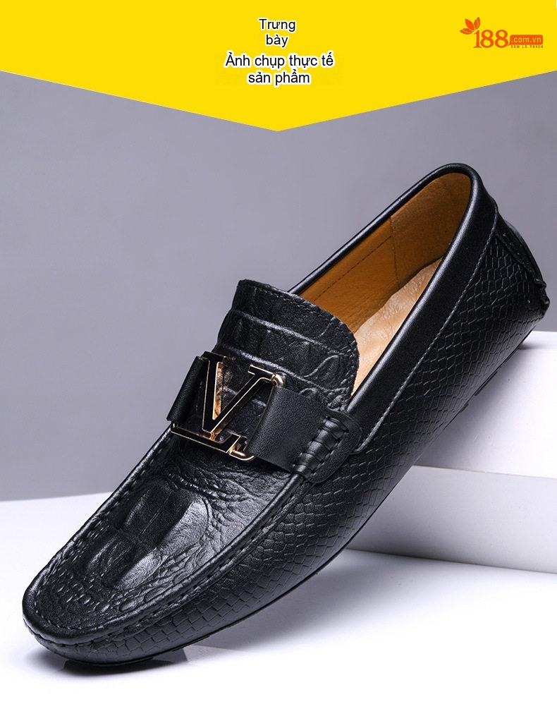 Giày Lười Nam Da Bò Vân Cá Sấu Chiều Cao Đế Khoảng 2cm Màu Đen, Xanh Navy chi tiết 10