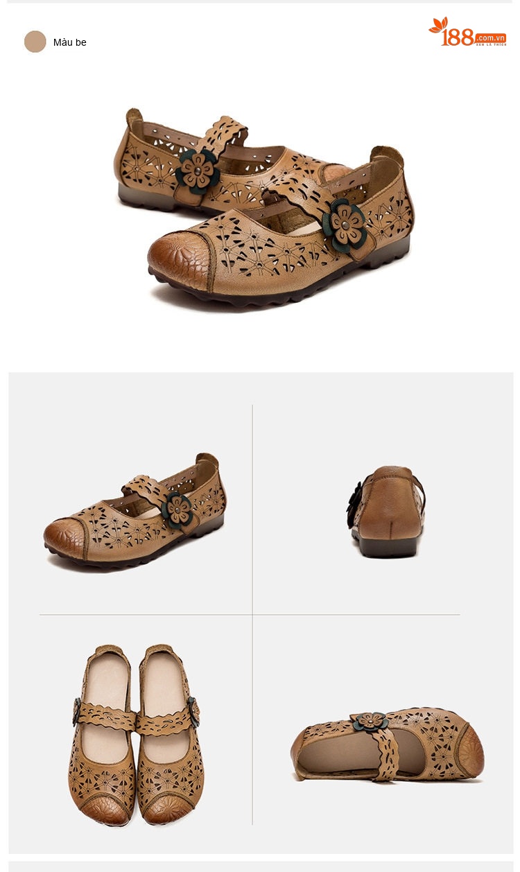 Dép Sandal Nữ Da Bò Lười Xỏ Ngón Lưới Thoáng Khí Đế Cao 3cm - 4cm Màu Nâu, Kem chi tiết 17