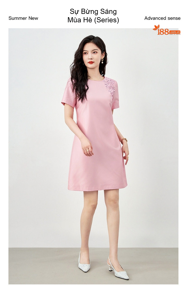 Đầm Suông Nữ Tay Ngắn Thêu Hoa Phong Cách Tiểu Thư Màu Đen, Trắng Kem, Hồng chi tiết 1