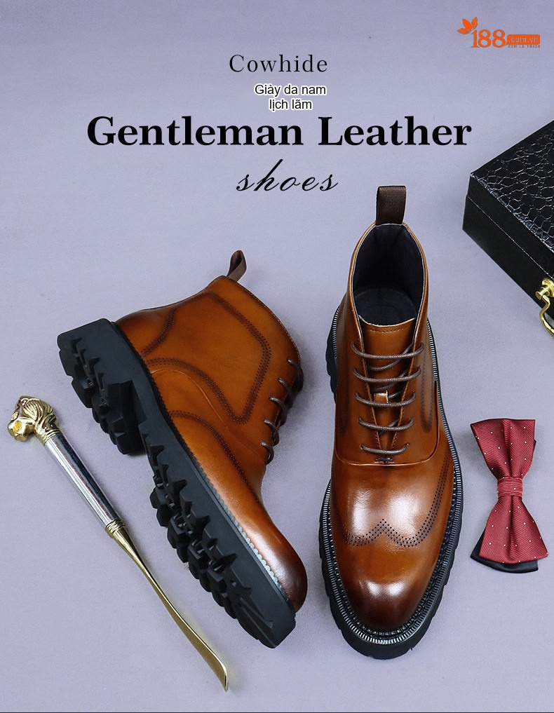 Giày Boot Martin Nam Da Bò Cao Cổ Phong Cách Anh Quốc Chiều Cao Đế Khoảng 3.5cm Màu Đen, Nâu chi tiết 1