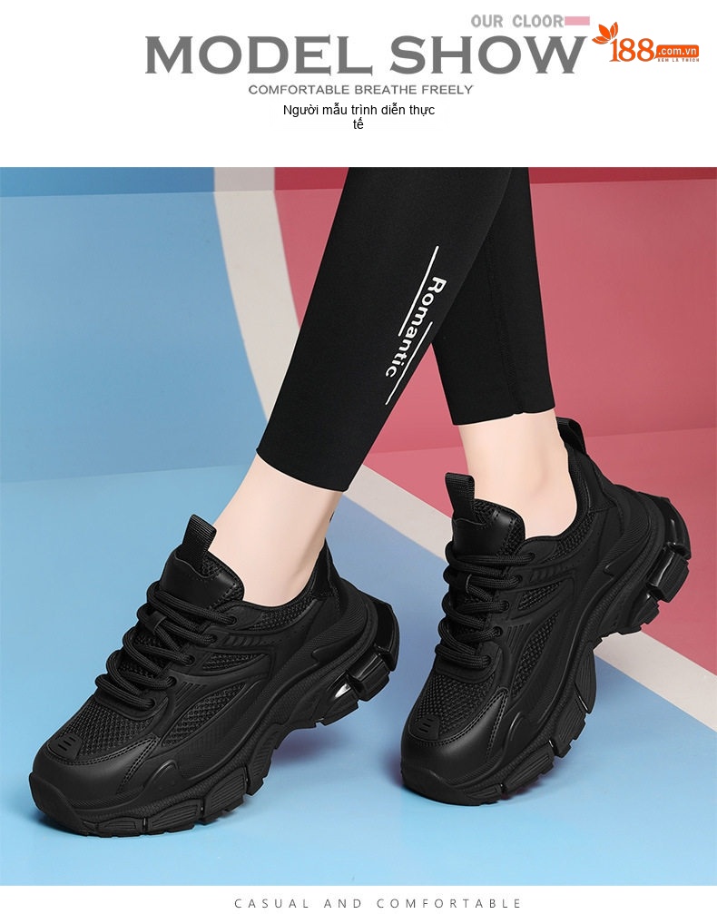Giày Sneaker Nữ Đế Dày Tăng Chiều Cao Khoảng 5cm Phong Cách Thể Thao Màu Đen, Trắng chi tiết 4