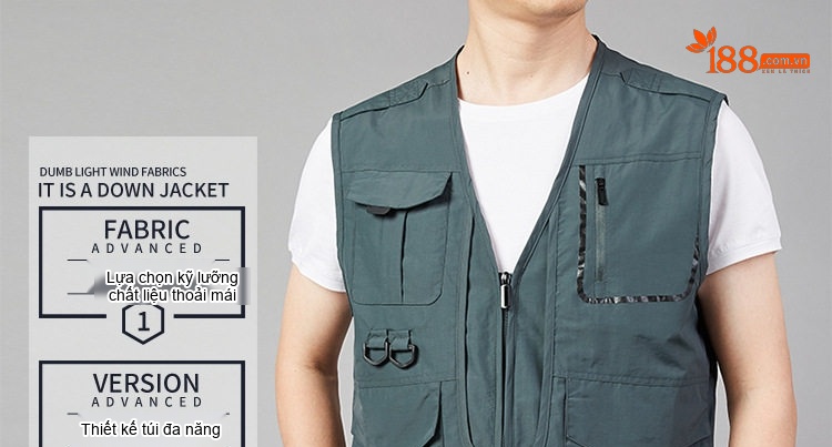 Áo Gile Nam Túi Hộp Outdoor Phong Cách Thể Thao Màu Xanh Rêu, Xanh Navy, Nâu, Đen chi tiết 2