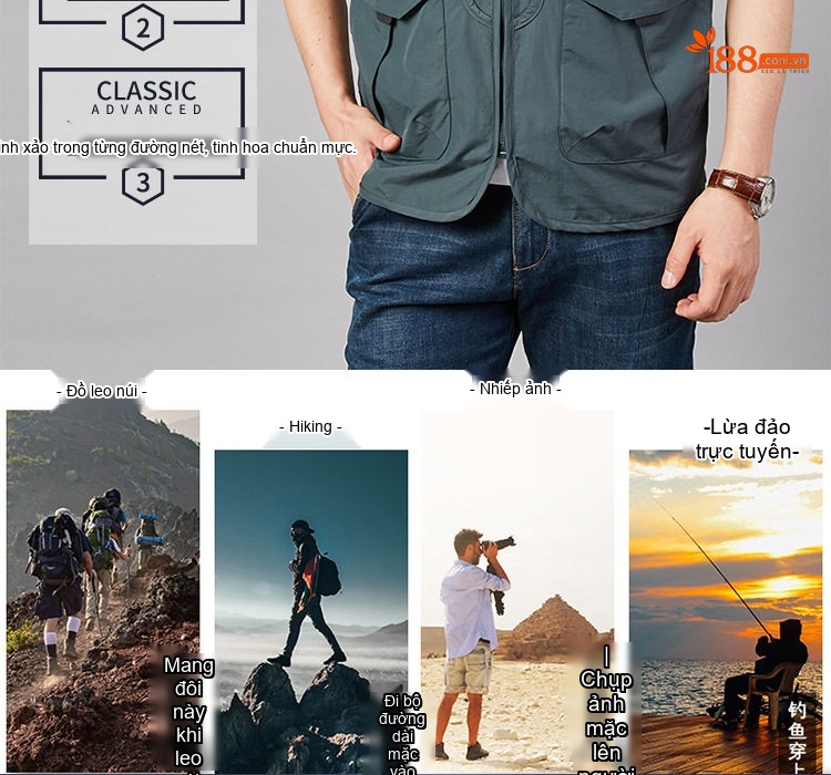 Áo Gile Nam Túi Hộp Outdoor Phong Cách Thể Thao Màu Xanh Rêu, Xanh Navy, Nâu, Đen chi tiết 3
